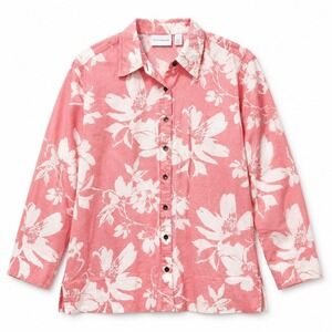 Liz Claiborne Linen Cotton Blouse M Pink White Floral Button Front Shirt Top